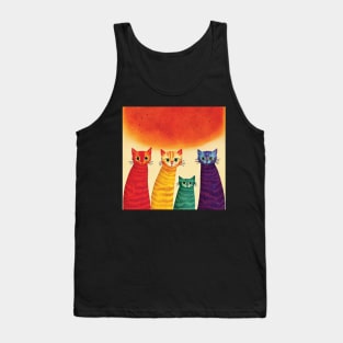 Four Quirky Multicoloured Cats Print. Purple, Red Yellow and Green Tank Top